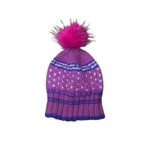 New Purple Pink & White Hearts Knit Pom Pom Beanie Winter Hat